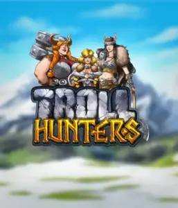 Изображение слота "Troll Hunters" от Play'N Go, где изображены три воина-викинга: две женщины и один мужчина, одетые в традиционные викингские доспехи. За их спинами виднеются горные вершины, что добавляет атмосферу скандинавской мифологии. Этот игровой автомат идеален для любителей скандинавской культуры и поисков приключений.